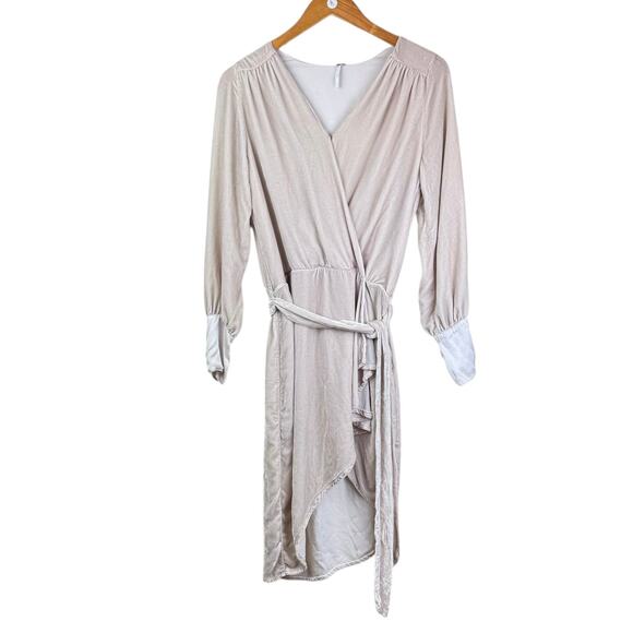 Young Fabulous & Broke Kahri Neutral Cream Velvet Mini Long Sleeve Wrap Dress - Picture 4 of 14